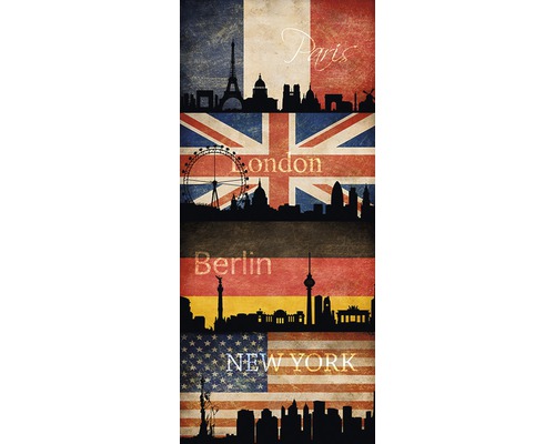 Panneau autocollant Pop.up 94249-1 villes multicolores Collage avec les drapeaux et les silhouettes de Paris, Londres, Berlin et New York