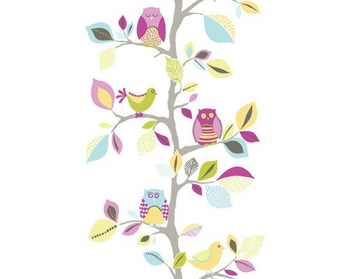 Panneau autocollant Pop.up 94256-1 chouettes rose Papier peint avec des hiboux et des oiseaux sur un arbre