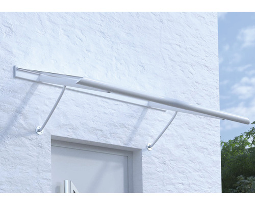 ARON Vordach Pultform Paris VSG 175x95 cm weiß inkl. Konsole R und Regenrinne rechts geschlossen ARON Vordach Pultform Paris VSG 175x95 cm weiß inkl. Konsole R und Regenrinne rechts geschlossen