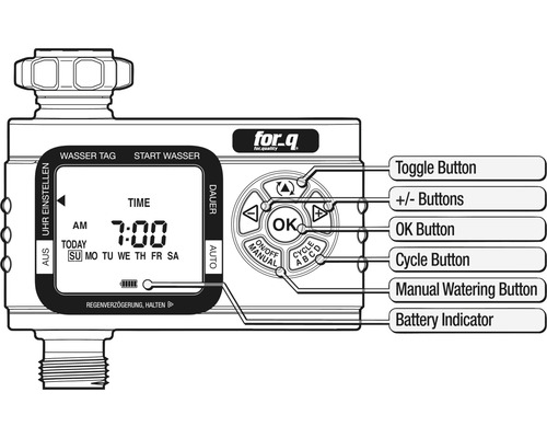 Ordinateur d''arrosage for_q avec différents boutons et indicateur de batterie