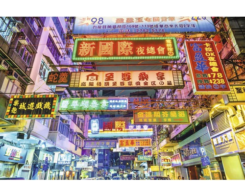 Papier peint panoramique intissé 181016 Hong Kong Alleyway 7 pces 350 x 260 cm Vue urbaine animée avec de nombreuses enseignes lumineuses dans une ville asiatique de nuit.