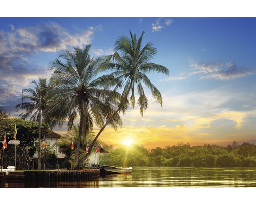 Papier peint panoramique intissé 181031 Tropical Palms Sunrise 7 pces 350 x 260 cm Paysage tropical avec palmiers, eau et coucher de soleil.