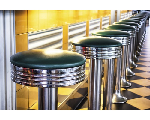 Papier peint panoramique intissé 181039 Vintage Bar Stools 7 pces 350 x 260 cm Rangée de tabourets de bar en métal avec coussin d''assise