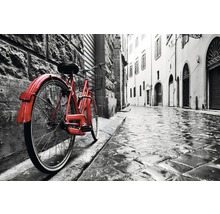 Rotes Fahrrad an einer Hauswand in einer Gasse