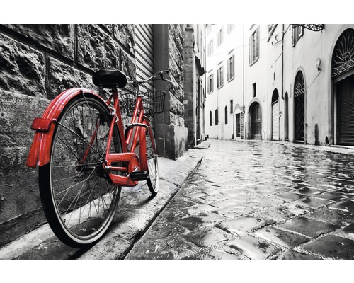 Papier peint panoramique intissé 181052 Retro Old Town Bike 7 pces 350 x 260 cm Vélo rouge contre un mur de maison dans une ruelle
