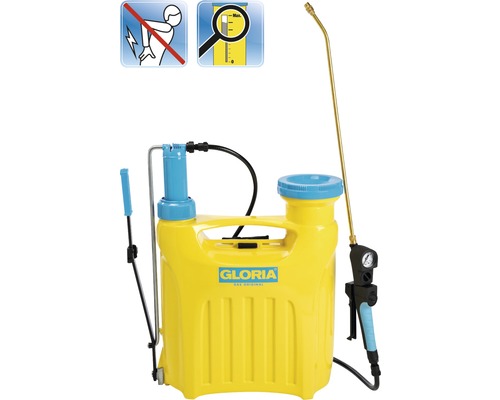 Gelbe Gloria Rückenspritze mit Füllstandsanzeige und Symbol für Rückenschonung