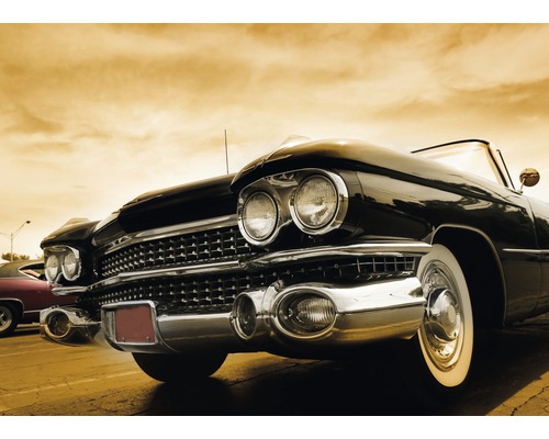 Papier peint panoramique intissé 18469 Classic Cars 7 pces 350 x 260 cm Vue détaillée d''une voiture de collection décapotable noire avec des détails chromés