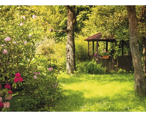Papier peint panoramique intissé 18669 Magic Garden 7 pces 350 x 260 cm Scène de jardin lumineuse avec pelouse, arbres, arbustes avec fleurs et une gloriette