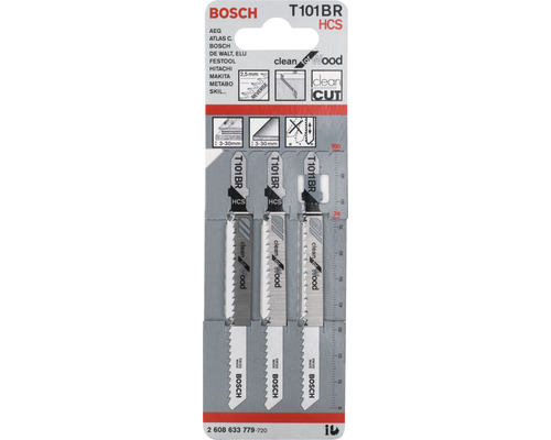 Lames de scie sauteuse Bosch T101BR HCS pour coupes nettes dans le bois, lot de 3