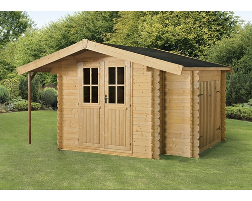 Abri de jardin en bois avec double porte et annexe dans le jardin