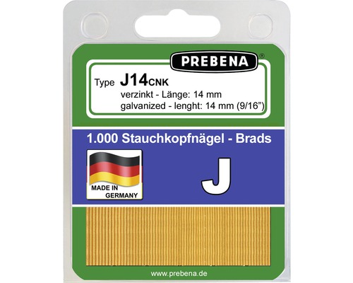 Clous à tête plate Prebena type J14CNKHA-B 1 000 pcs Paquet de 1000 clous à tête réduite Prebena, type J14CNK, galvanisés, longueur 14 mm