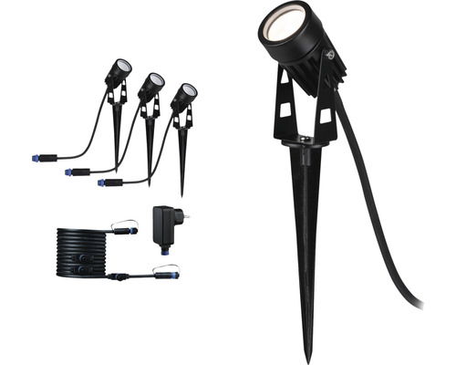 Paulmann Plug & Shine Kit de démarrage 3x spot LED IP65 3x3W 3x150 lm 3000 K noir avec transformateur + câble de connexion 5 m 24 V