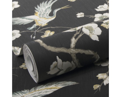 Rouleau de papier peint avec motif de grue et de fleurs