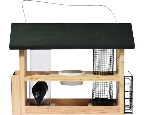 Mangeoire en bois avec toit et différents points d''alimentation