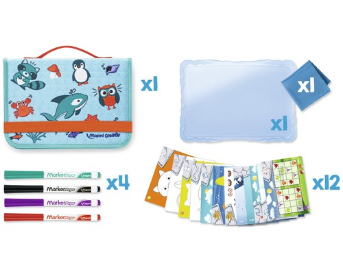 Mäppchen mit Motiven, abwischbarem Tuch, abwischbarem Zeichenbrett, Stiften und Vorlagen