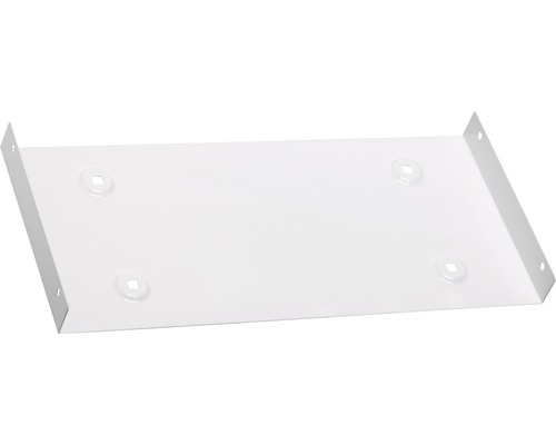 Weisse Gerätehalterung aus Metall mit Befestigungslöchern.