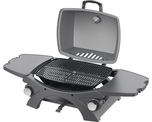 Barbecue à gaz portable avec couvercle ouvert et étagères latérales