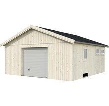 Garage aus Holz mit Garagentor und Seitentür