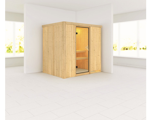 Sauna modulaire Karibu Bodina sans poêle et couronne avec porte entièrement vitrée coloris bronze