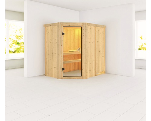 Sauna modulaire Karibu Carina sans poêle et couronne avec porte vitrée coloris bronze