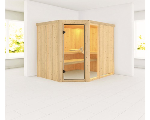 Sauna modulaire Karibu Siona 3 sans poêle et couronne avec porte vitrée coloris bronze