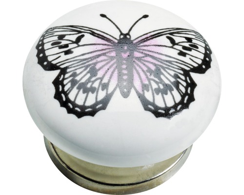 Bouton de meuble porcelaine acier papillon, 1 pièce