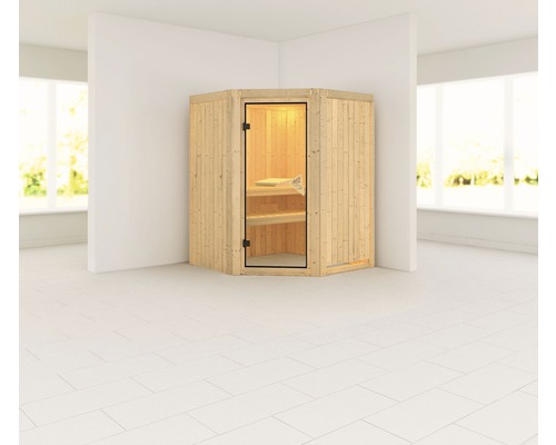 Sauna modulaire Karibu Larina sans poêle et couronne avec porte vitrée coloris bronze