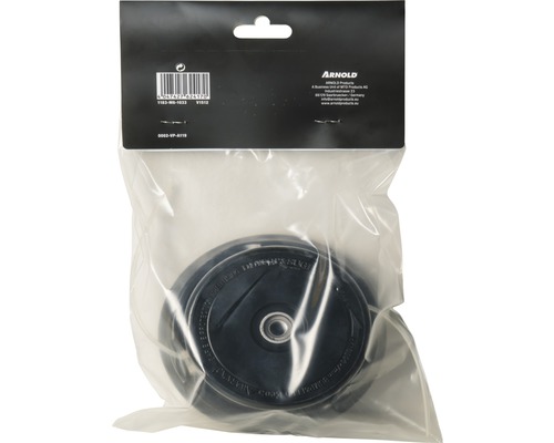 Arnold Logo. Rasenmäherrad in Kunststoffverpackung.