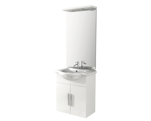 Set de meubles de salle de bains Baden Haus Aida lxhxp 65 x 173 x 50 cm couleur de façade blanc haute brillance avec vasque céramique blanc et meuble bas miroir