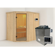 Sauna d''angle avec porte en verre, commande et poêle de sauna