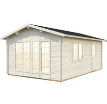 Abri de jardin en bois avec fenêtres et portes
