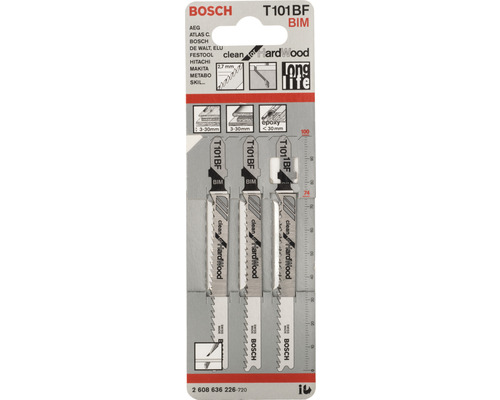 Lames de scie sauteuse Bosch T101BF BIM pour coupes nettes dans le bois dur, lot de 3