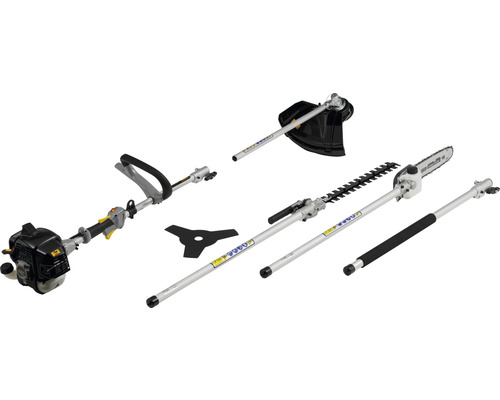 Outil de jardin multifonctionnel avec différents accessoires pour débroussailleuse, taille-haie et tronçonneuse