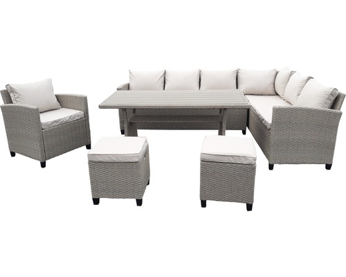 Ensemble de meubles de jardin Garden Place Madeira 6 places 6 pces avec table 145 x 75 x 67 cm avec plateau Polywood et galettes d'assise en rotin bicolore gris clair-0