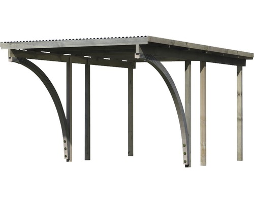 Holzcarport mit geschwungenen Trägern und Dacheindeckung