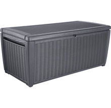Graue Gartenbox mit Rattanoptik für den Außenbereich.