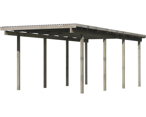 Carport en bois avec toit plat et plusieurs poteaux de soutien