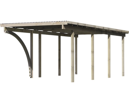Holzcarport mit geschwungenem Träger und Metallwellendach