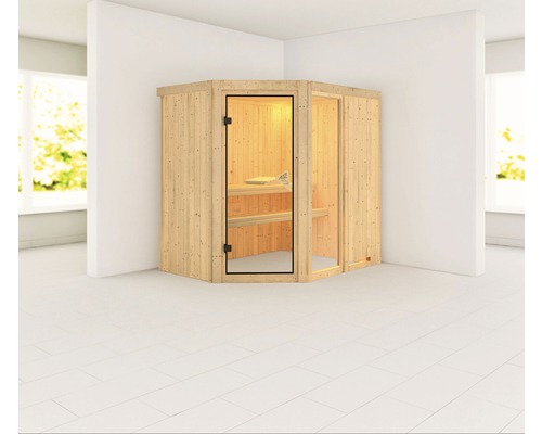 Sauna modulaire Karibu Siona 1 sans poêle et couronne avec porte vitrée coloris bronze
