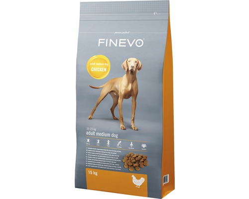 Croquettes pour chiens Adult Dog M FINEVO poulet 15 kg Finevo nourriture sèche pour chiens adultes de taille moyenne, saveur poulet, 15 kilogrammes