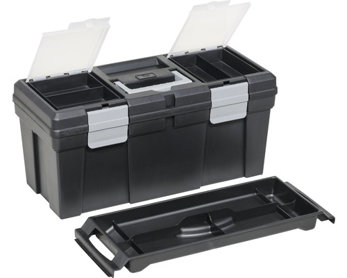 Boîte à outils noire ouverte avec compartiment amovible