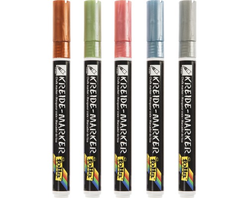 Cinq marqueurs à craie de différentes couleurs