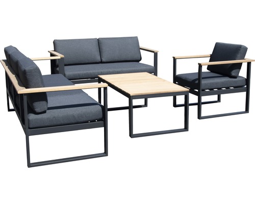 Ensemble de meubles de jardin Garden Place Cleo alu-bois 6 places composé de: 2 canapés, fauteuil, table avec galettes d'assise aluminium anthracite bois-0