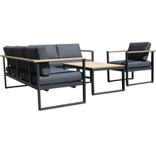 Ensemble de meubles de jardin Garden Place Cleo alu-bois 6 places composé de: 2 canapés, fauteuil, table avec galettes d'assise aluminium anthracite bois-thumb-1
