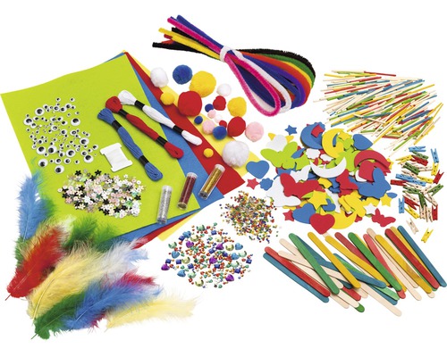 Bastelset mit Pfeifenreinigern, Federn, Filz, Pailletten, Pompons und Holzstäbchen