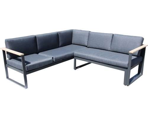 Graues Ecksofa mit Polster und Holzarmlehnen für den Außenbereich