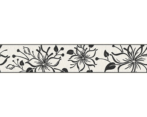 Frise autocollante 3466-29 fleurs noir blanc avec paillettes 5 m x 13 cm