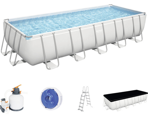 Kit de piscine hors sol tubulaire Bestway Power Steel™ rectangulaire 640x274x132 cm avec groupe de filtration à sable gris