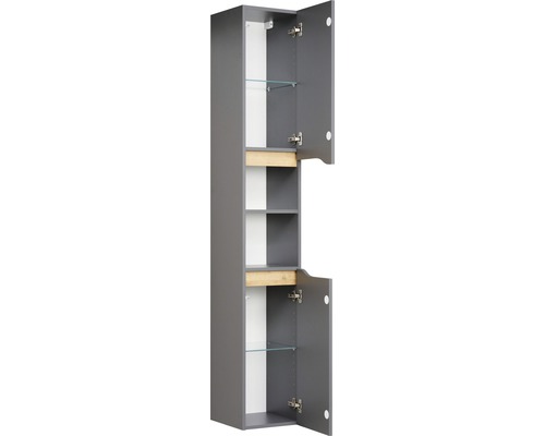 Grauer Badezimmerschrank mit offenen Türen und Glasregalen