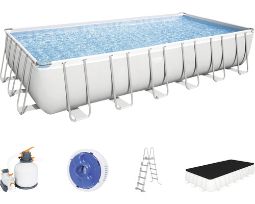 Kit de piscine hors sol, piscine tubulaire Bestway Power Steel™ rectangulaire 732x366x132 cm avec groupe de filtration à sable, échelle et bâche de recouvrement gris